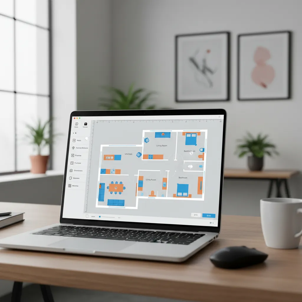 Laptop on wooden desk showing interior design software with a colorful apartment floor plan layout
