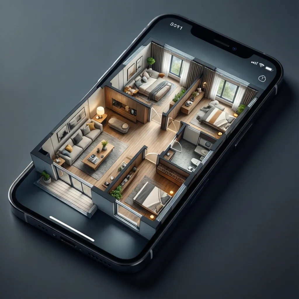 Interfaz de una app mostrando un plano de casa con muebles