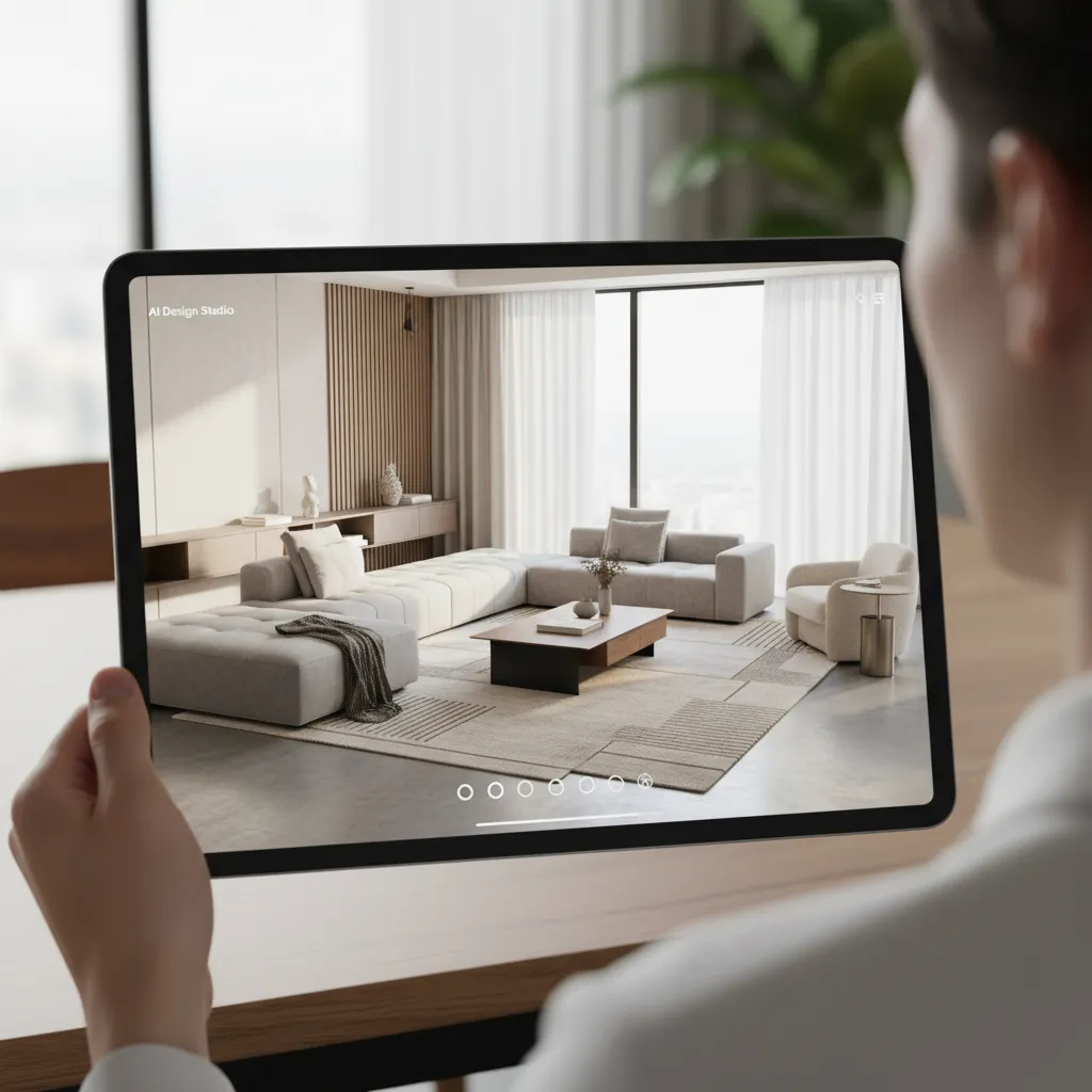 Person holding tablet showing modern living room design with grey sofa and wooden wall panel