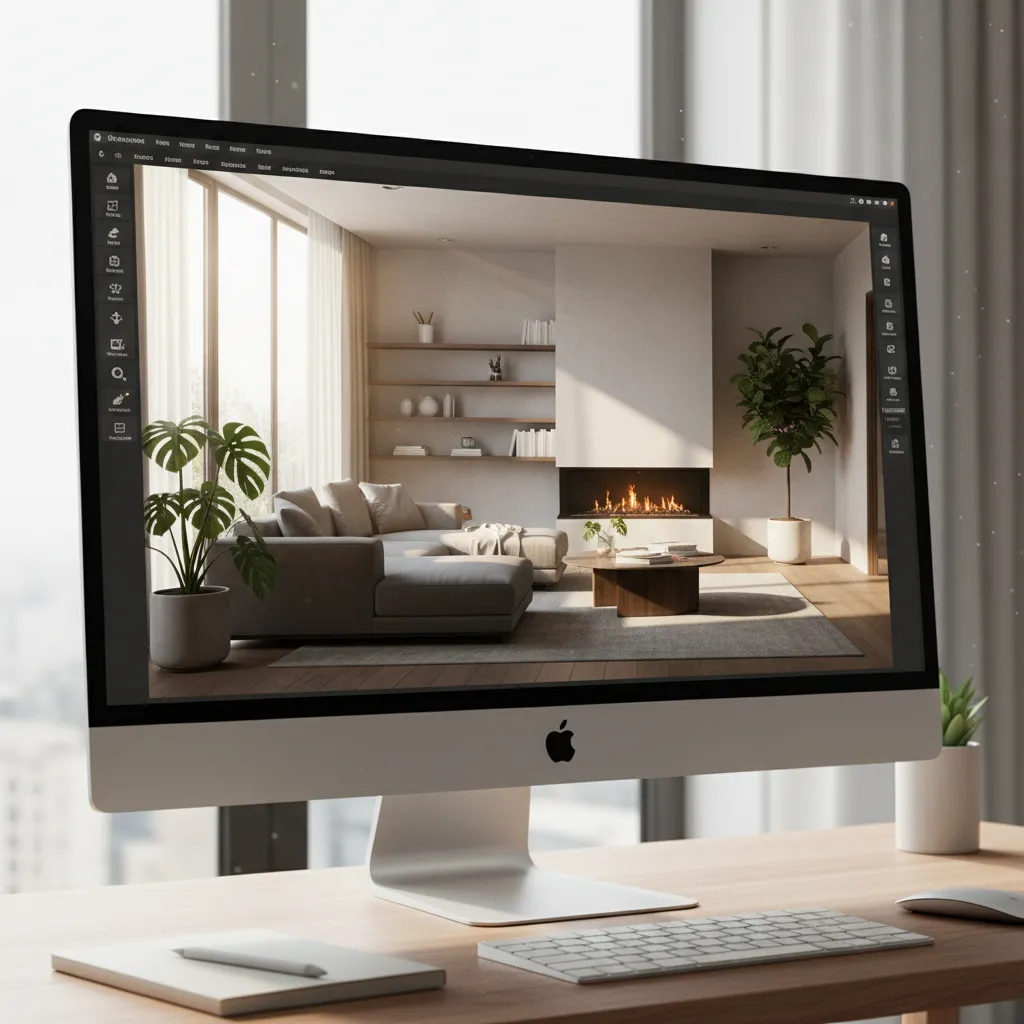 Coohom software on computer monitor showing a living room design with sofa, fireplace, and plants