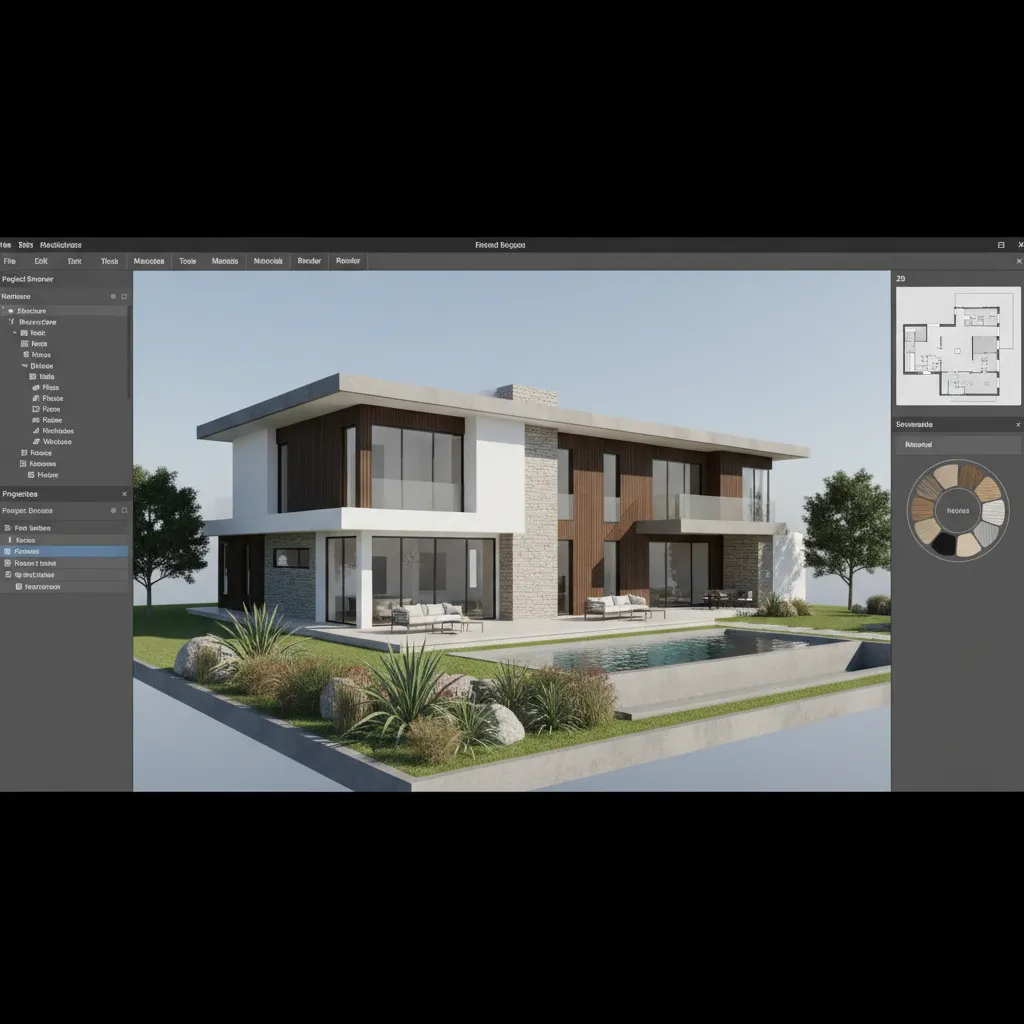 Pantalla de aplicación de planificación de casa con modelo 3D completo