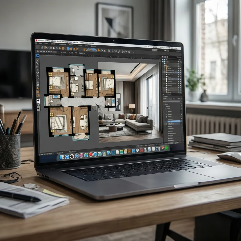 Pantalla de app de diseño interior mostrando plano y vista 3D de una sala