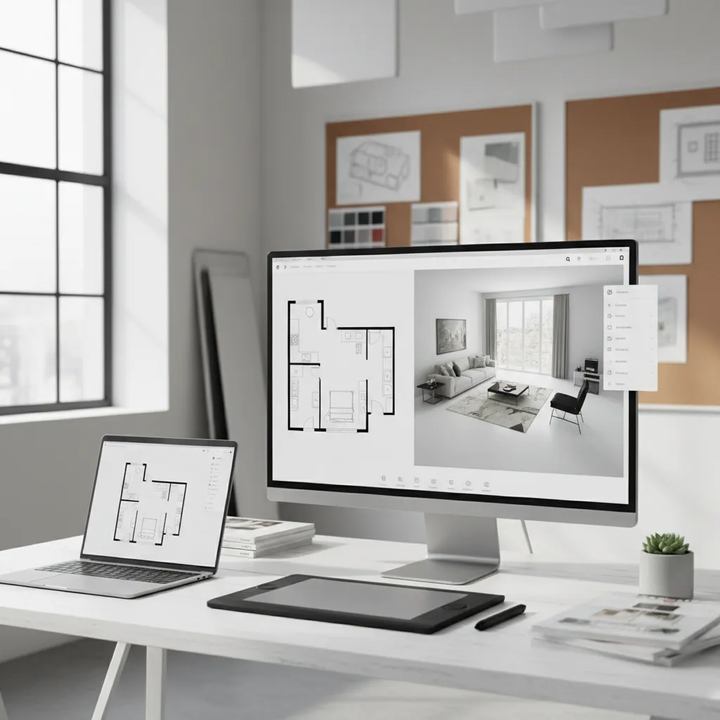 Pantalla mostrando una aplicación de diseño de interiores con plano y vista 3D