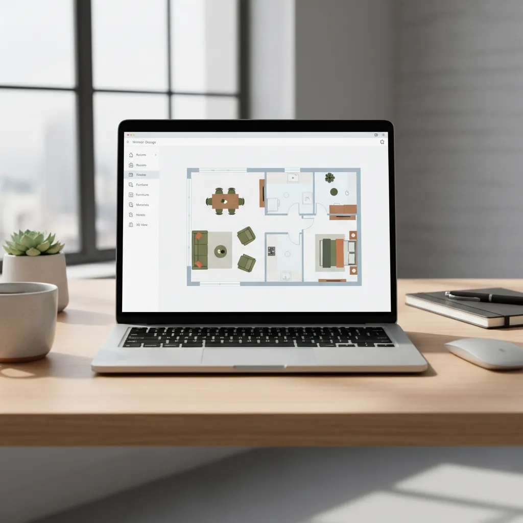 Laptop on desk showing interior design drawing software displaying a colored house floor plan layout