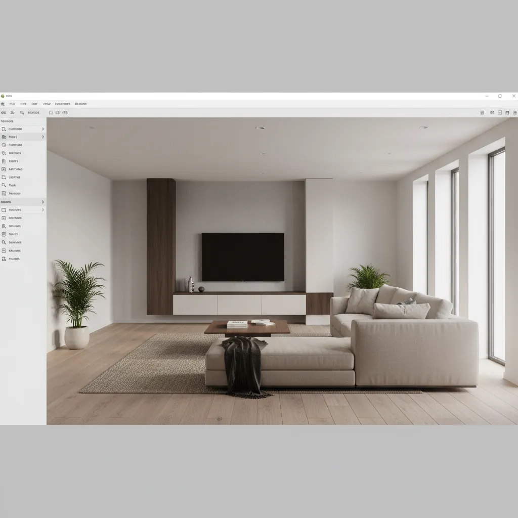 Visualización 3D de un salón diseñado con una aplicación de decoración