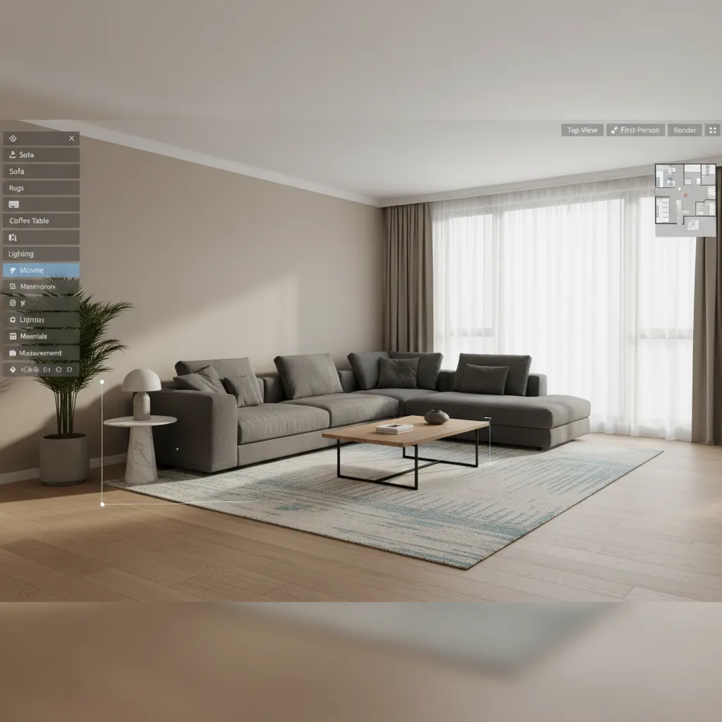 Coohom 3D interior design tool showing modern living room with grey sofa and wooden table