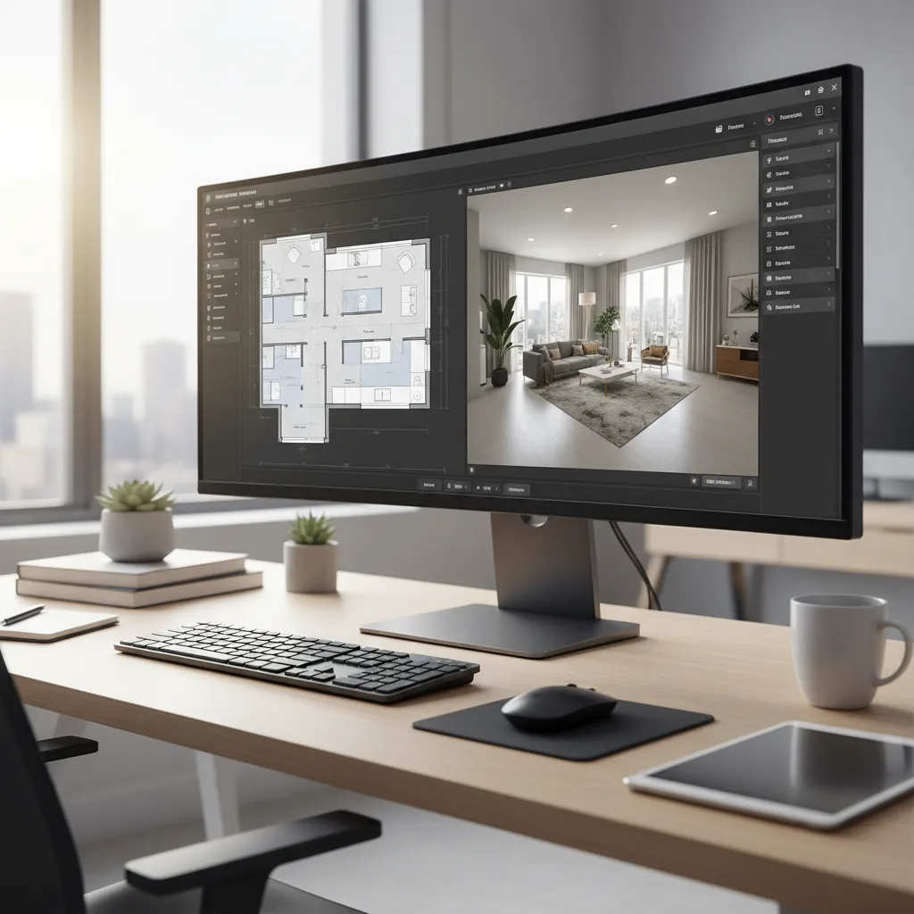 Aplicación de planificación de habitaciones mostrando plano 2D y vista 3D