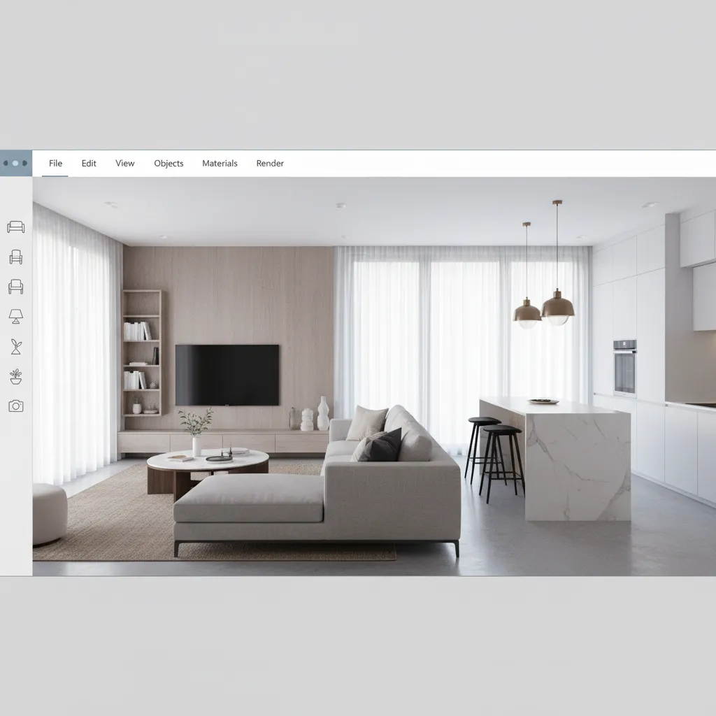Aplicación mostrando un modelo 3D de un apartamento con muebles colocados