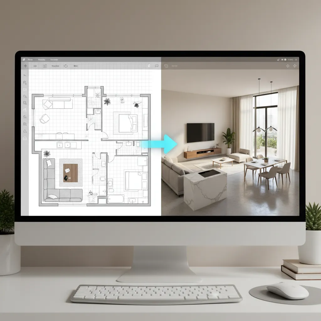Plano digital de vivienda transformándose en modelo 3D
