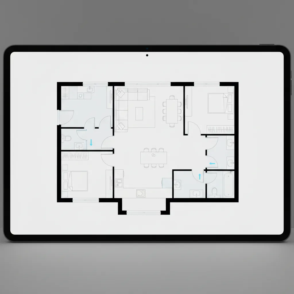 Plano de casa en vista 2D con habitaciones etiquetadas