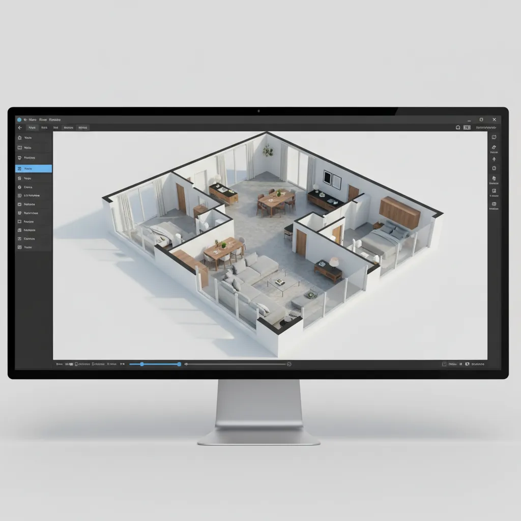 Plano digital de una vivienda en 3D mostrado en una aplicación de diseño