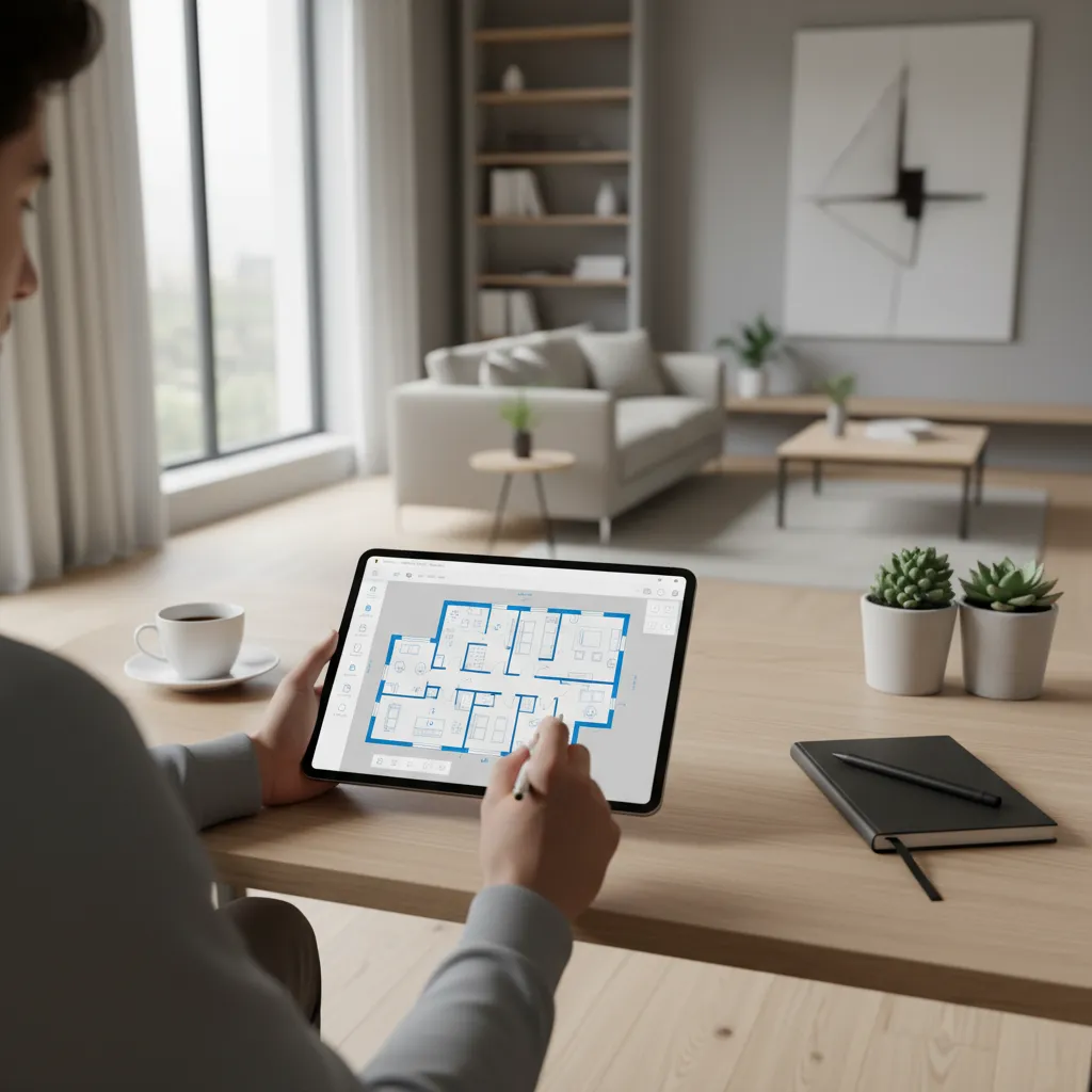 Persona diseñando un plano de vivienda en una tablet