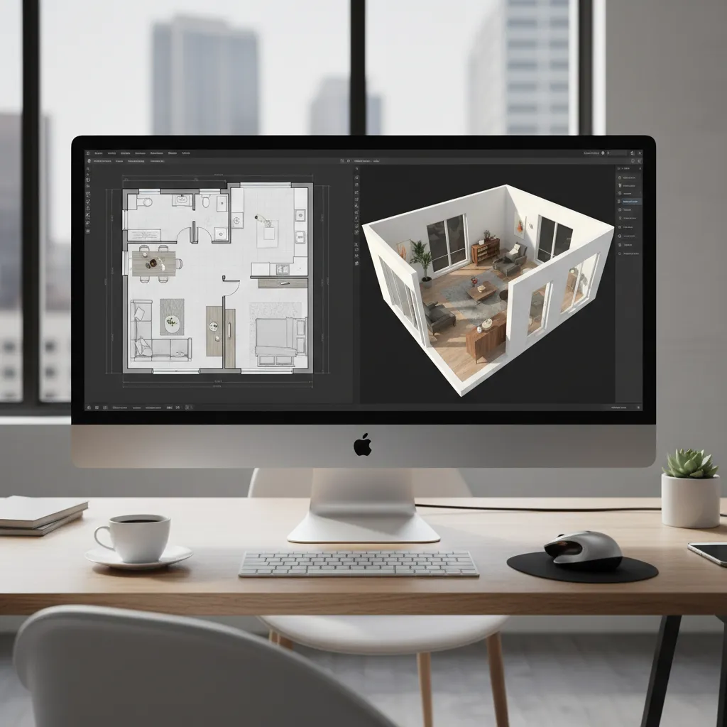 Aplicación mostrando plano 2D y modelo 3D de un apartamento