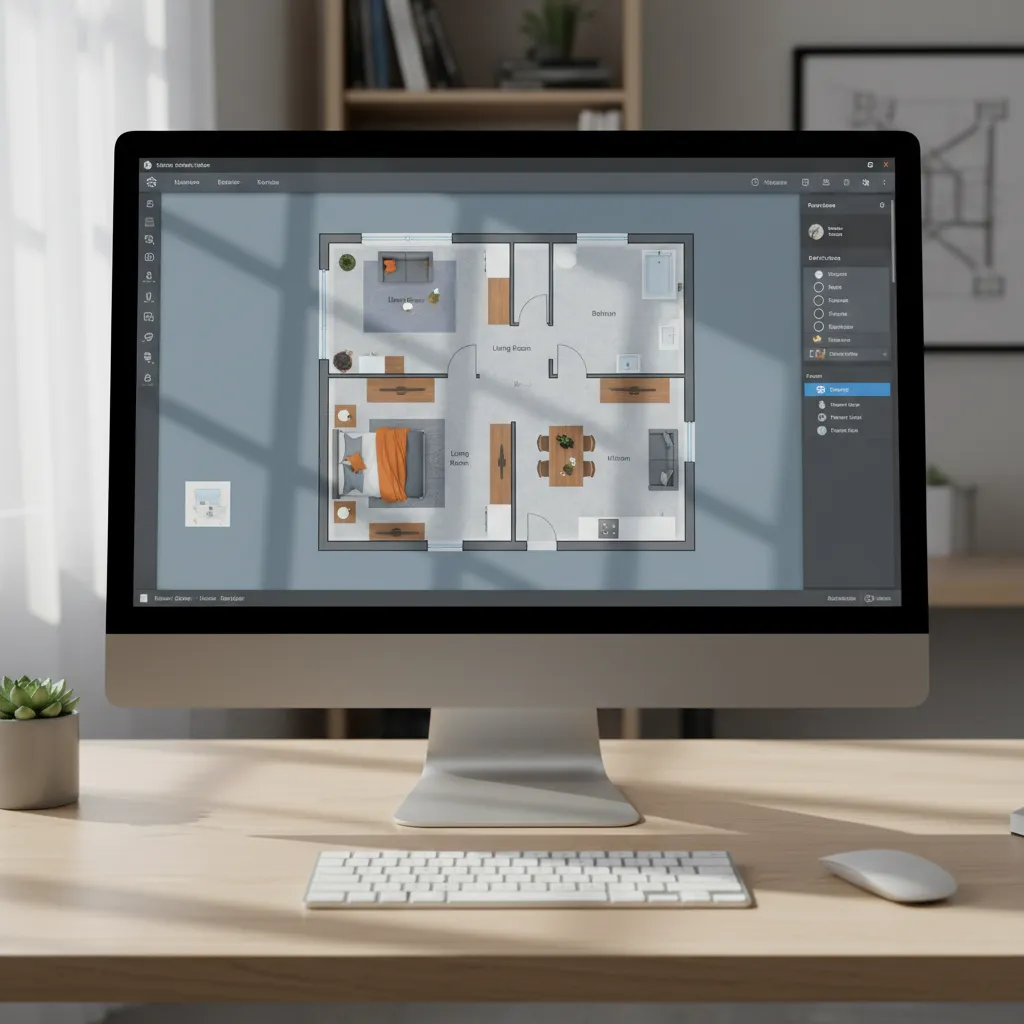 Computer screen showing a colored 2D house floor plan layout within an interior design software