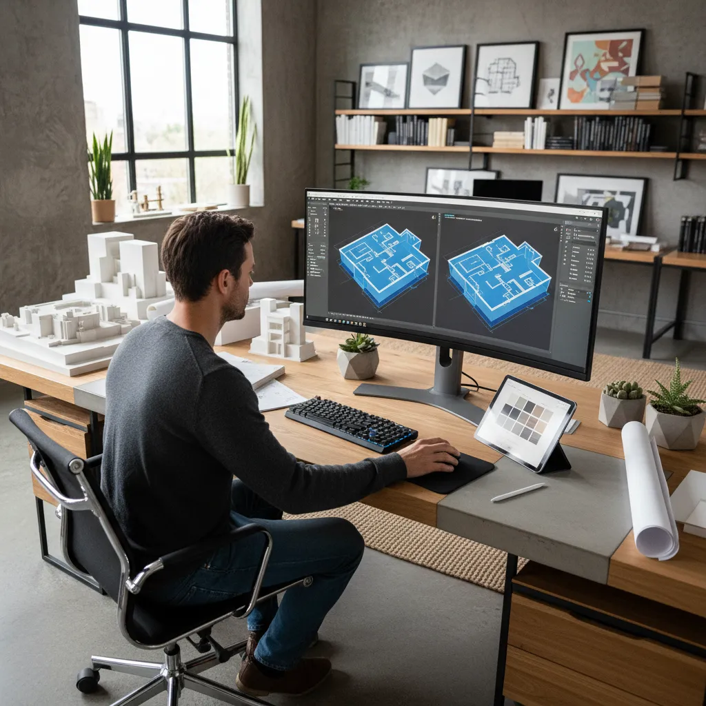 Designer using computer to create blue 3D room layout on large screen in home office