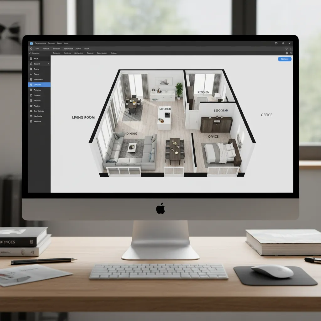 interface de aplicativo de planta de casa 3D mostrando layout de residência