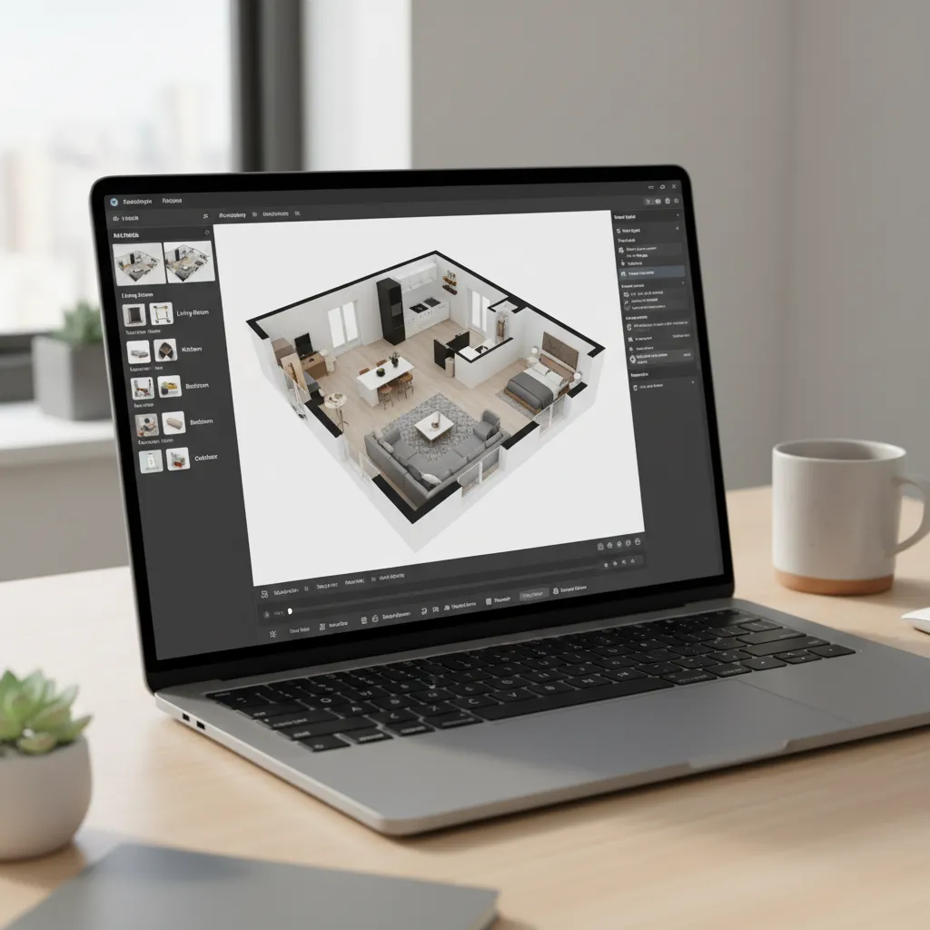 interface de aplicativo de planta de casa em 3D mostrando layout de apartamento