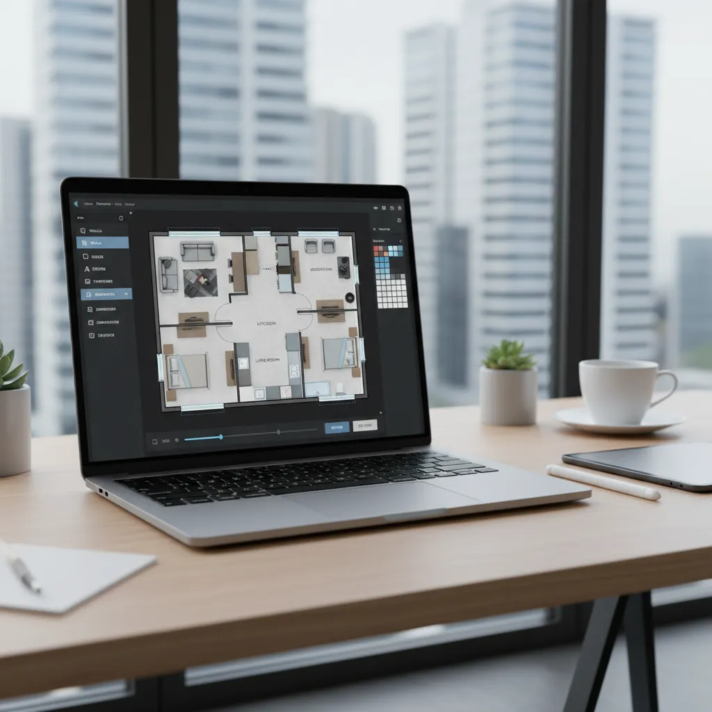 Interface de aplicativo mostrando planta baixa de casa em 2D