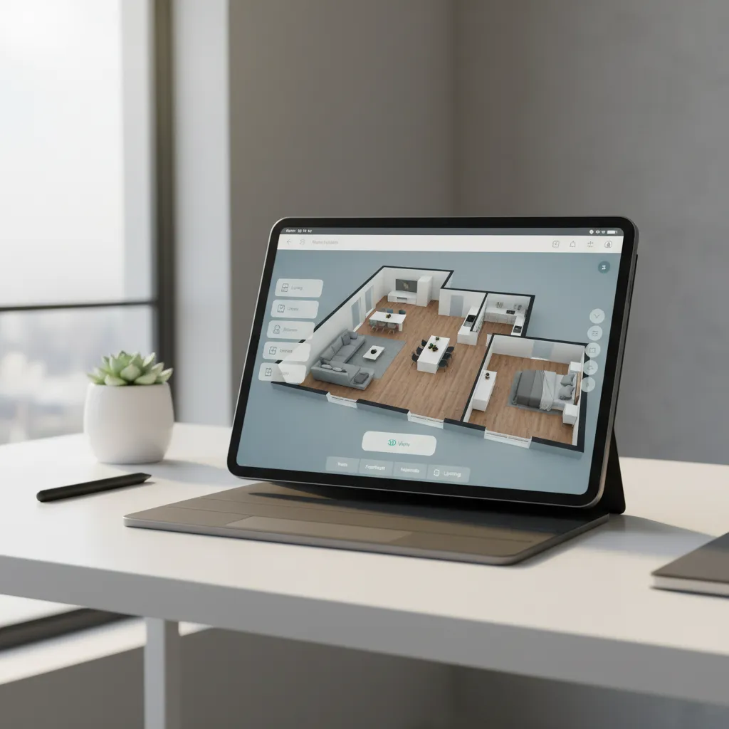 interface de aplicativo de planta de casa mostrando layout residencial em 3D
