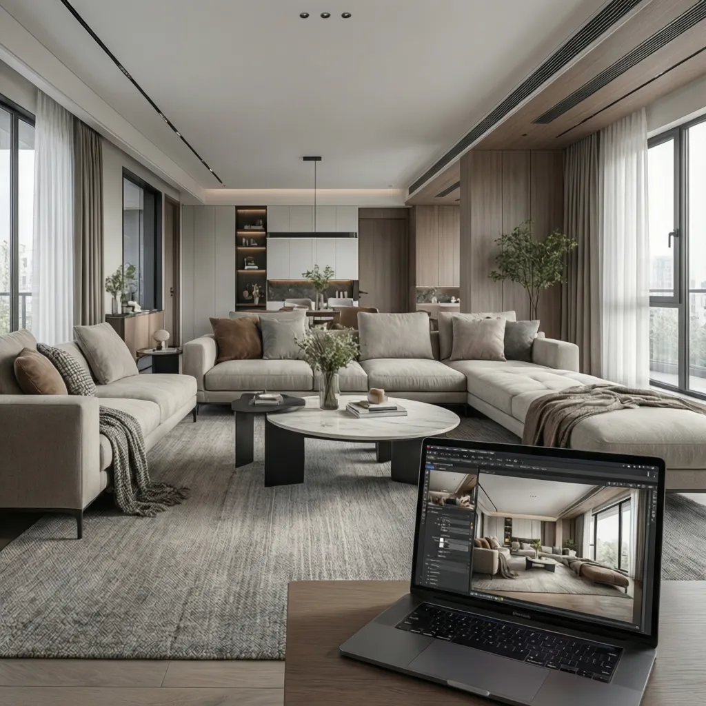 Modern living room with grey sofa, marble table, and laptop showing interior design software interface