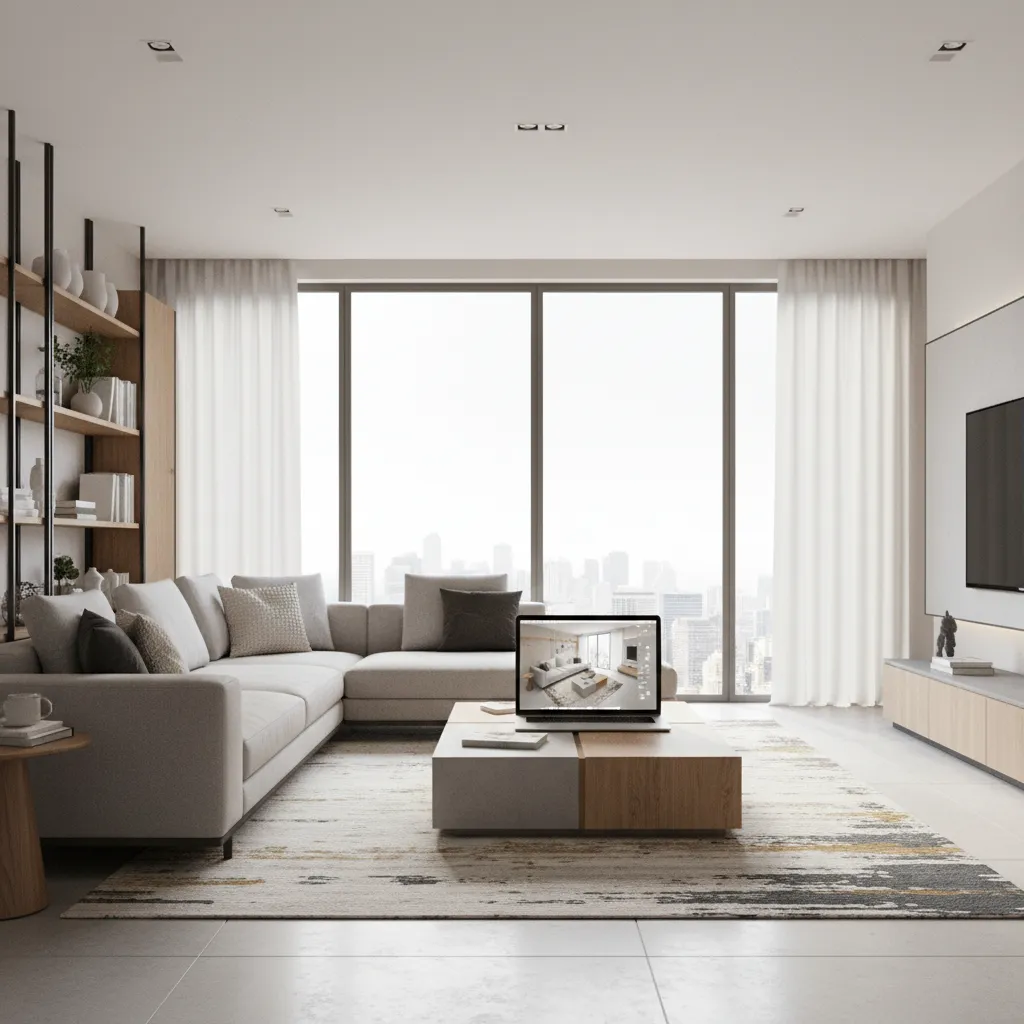 Modern living room with grey sofa large windows city view and laptop on wooden table