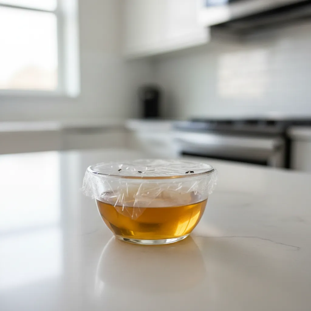 Apple cider vinegar trap in small bowl catching fruit flies in kitchen