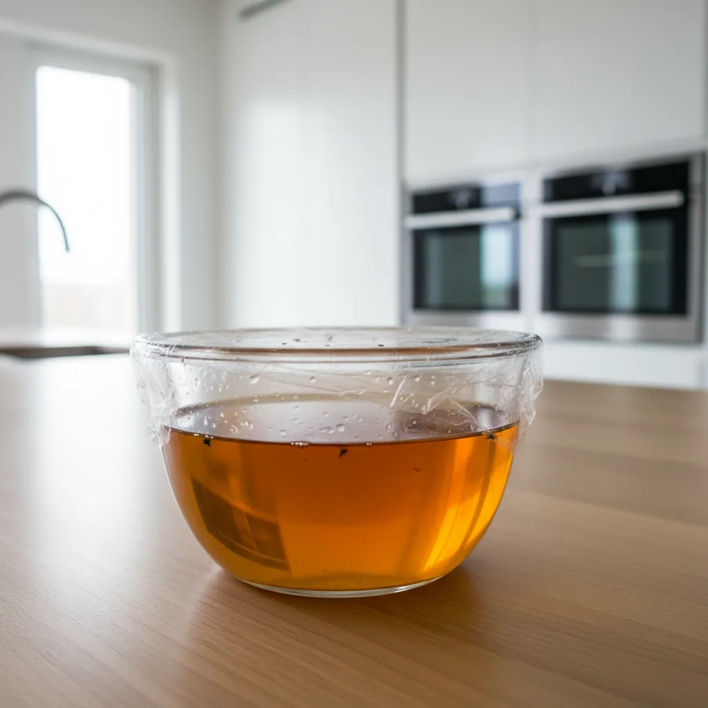 Homemade apple cider vinegar trap for fruit flies on kitchen counter