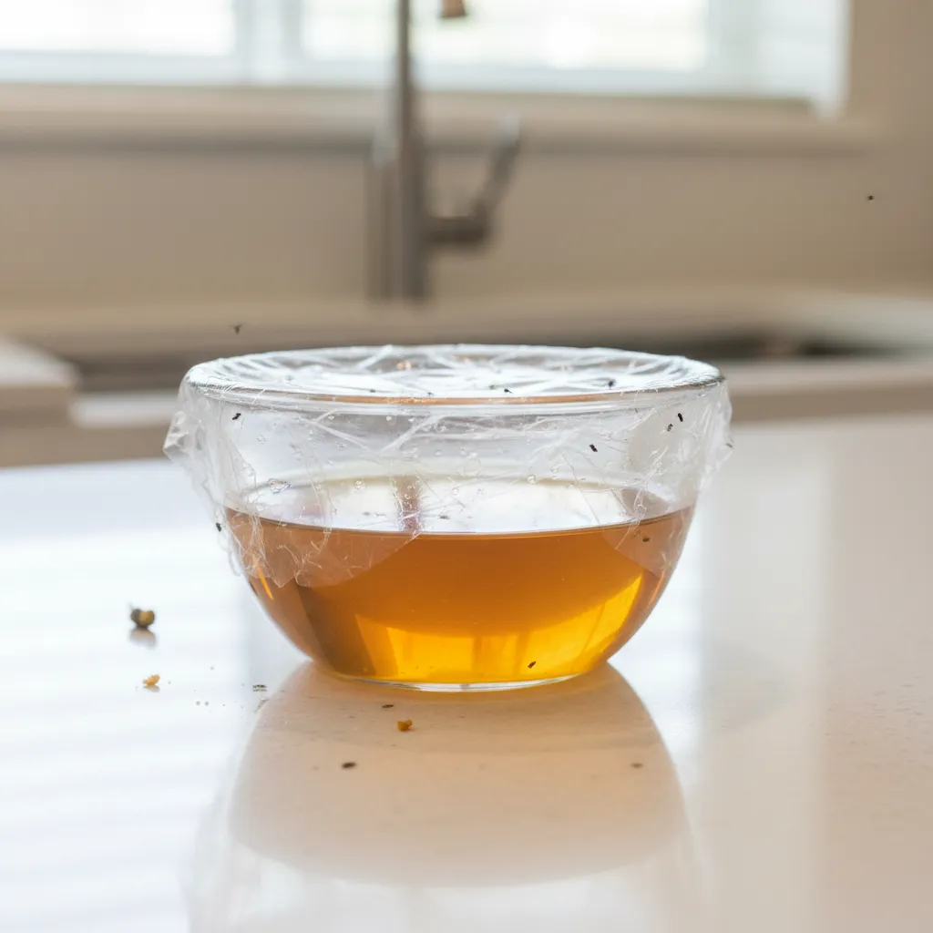 apple cider vinegar trap with plastic wrap used for fruit flies