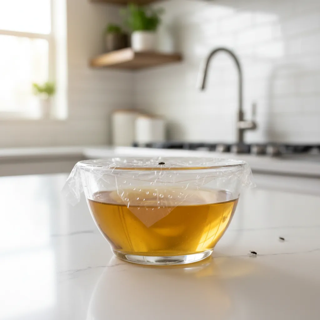 apple cider vinegar fruit fly trap in small bowl on kitchen counter