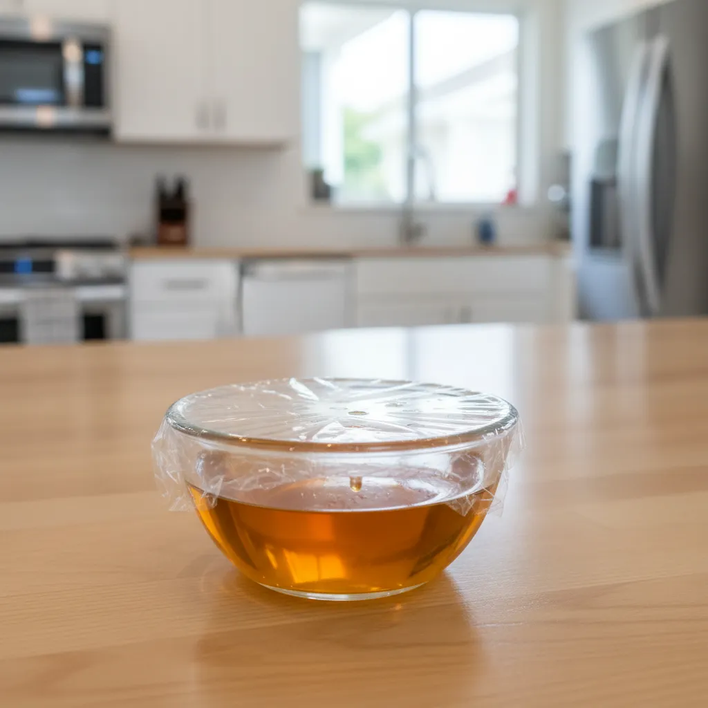 apple cider vinegar trap in small bowl on kitchen counter