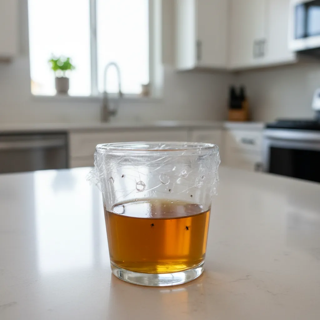 apple cider vinegar fruit fly trap in small glass on kitchen counter