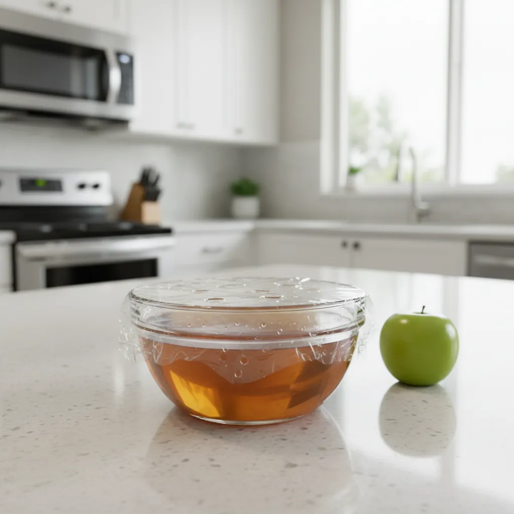 apple cider vinegar trap for fruit flies on kitchen counter