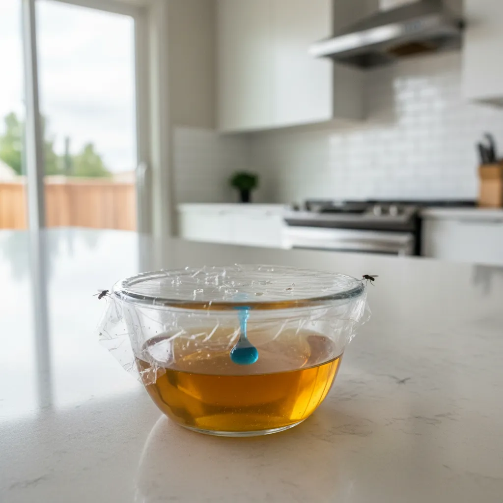 DIY apple cider vinegar trap for fruit flies on kitchen counter