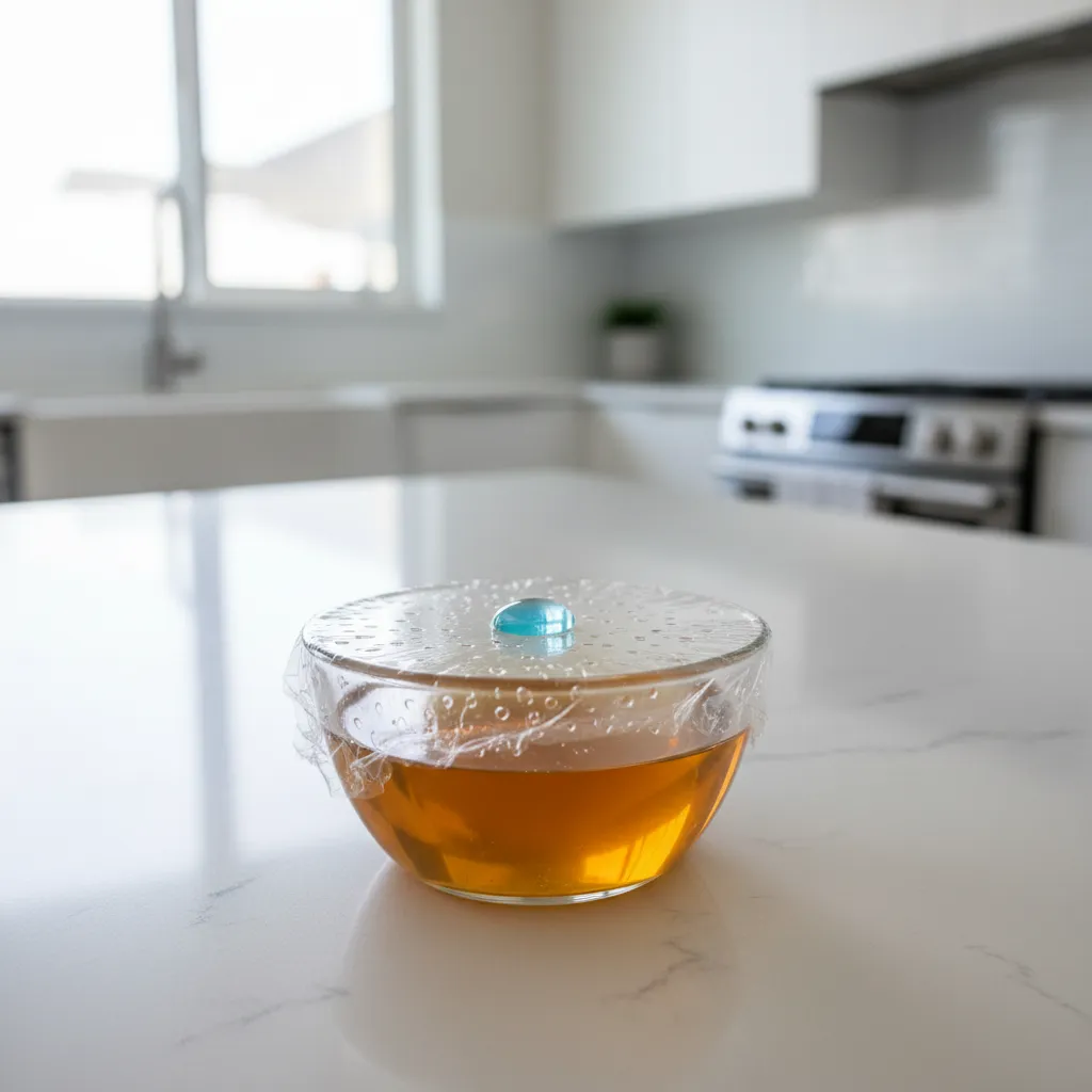 DIY apple cider vinegar trap for fruit flies on kitchen counter