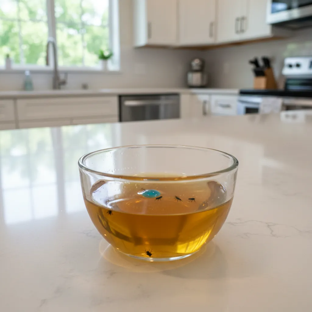 Glass bowl containing apple cider vinegar and soap to trap fruit flies on white kitchen