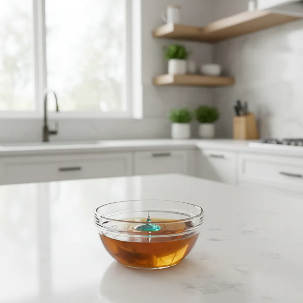 small bowl apple cider vinegar fruit fly trap on kitchen counter