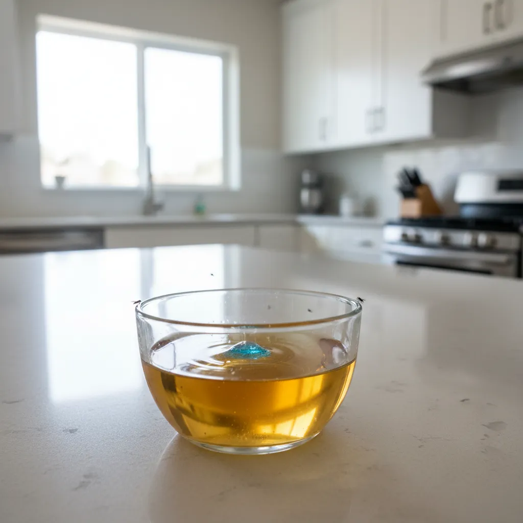 Small bowl apple cider vinegar fruit fly trap on kitchen counter