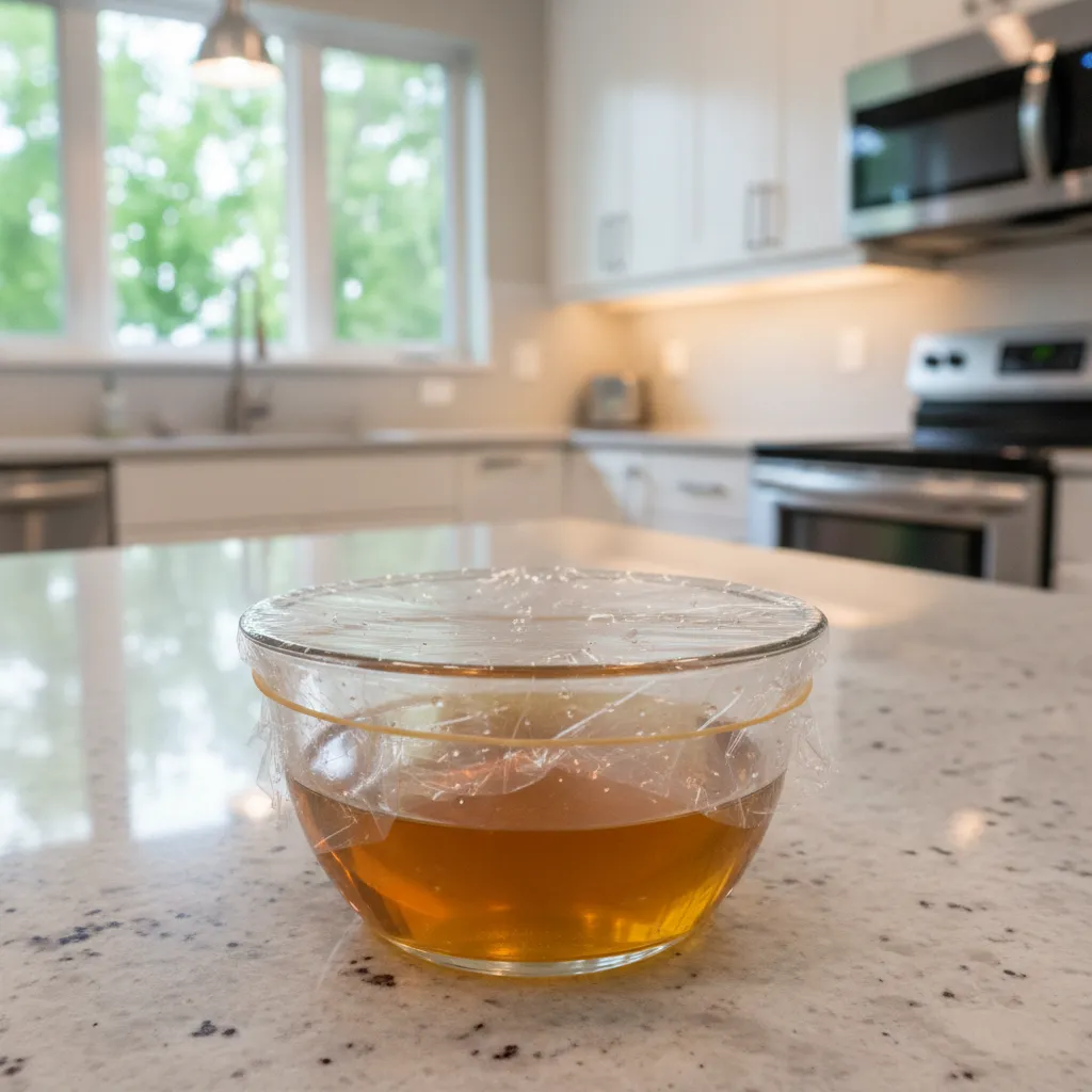 DIY apple cider vinegar fruit fly trap in small glass on kitchen counter