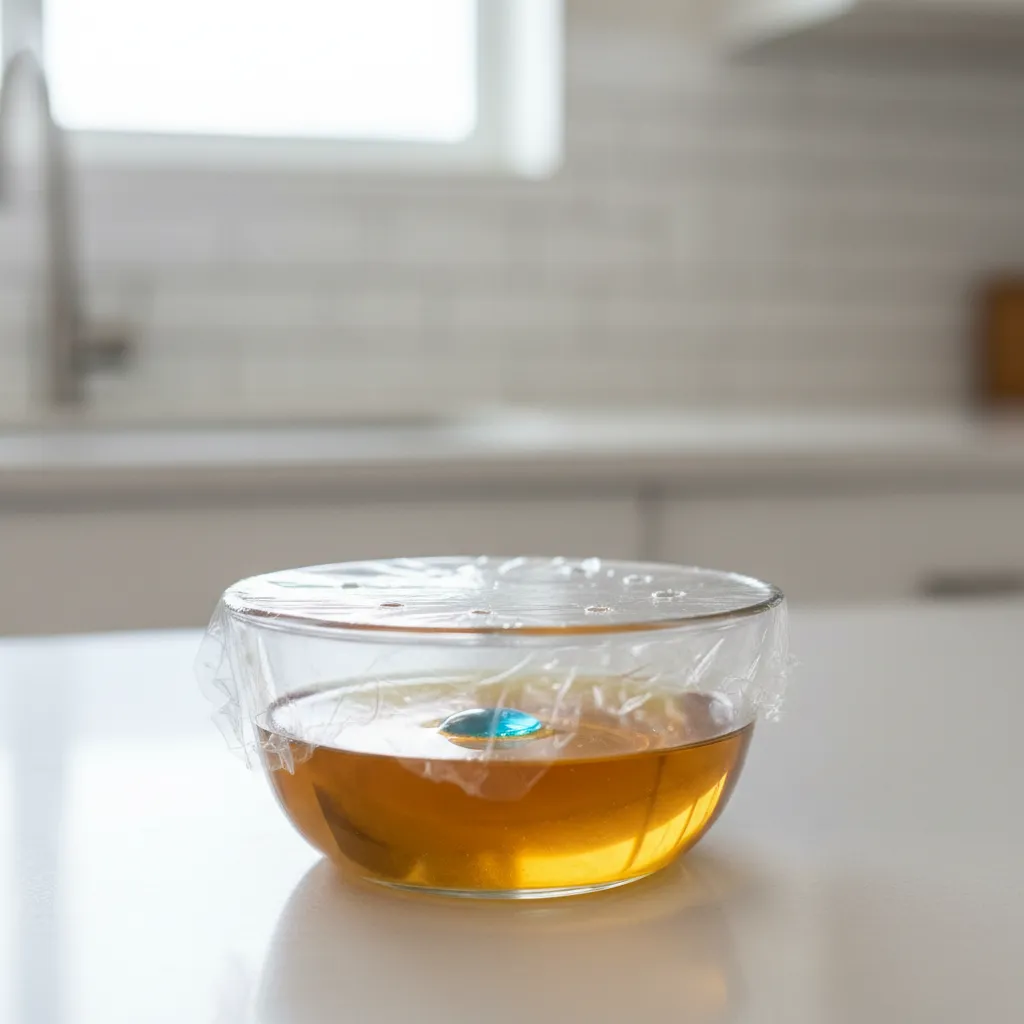 Apple cider vinegar trap for fruit flies on kitchen counter