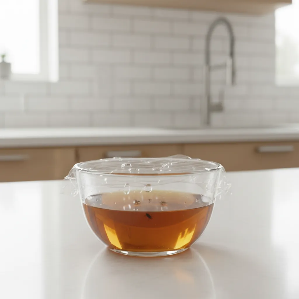 homemade apple cider vinegar trap for fruit flies on kitchen counter