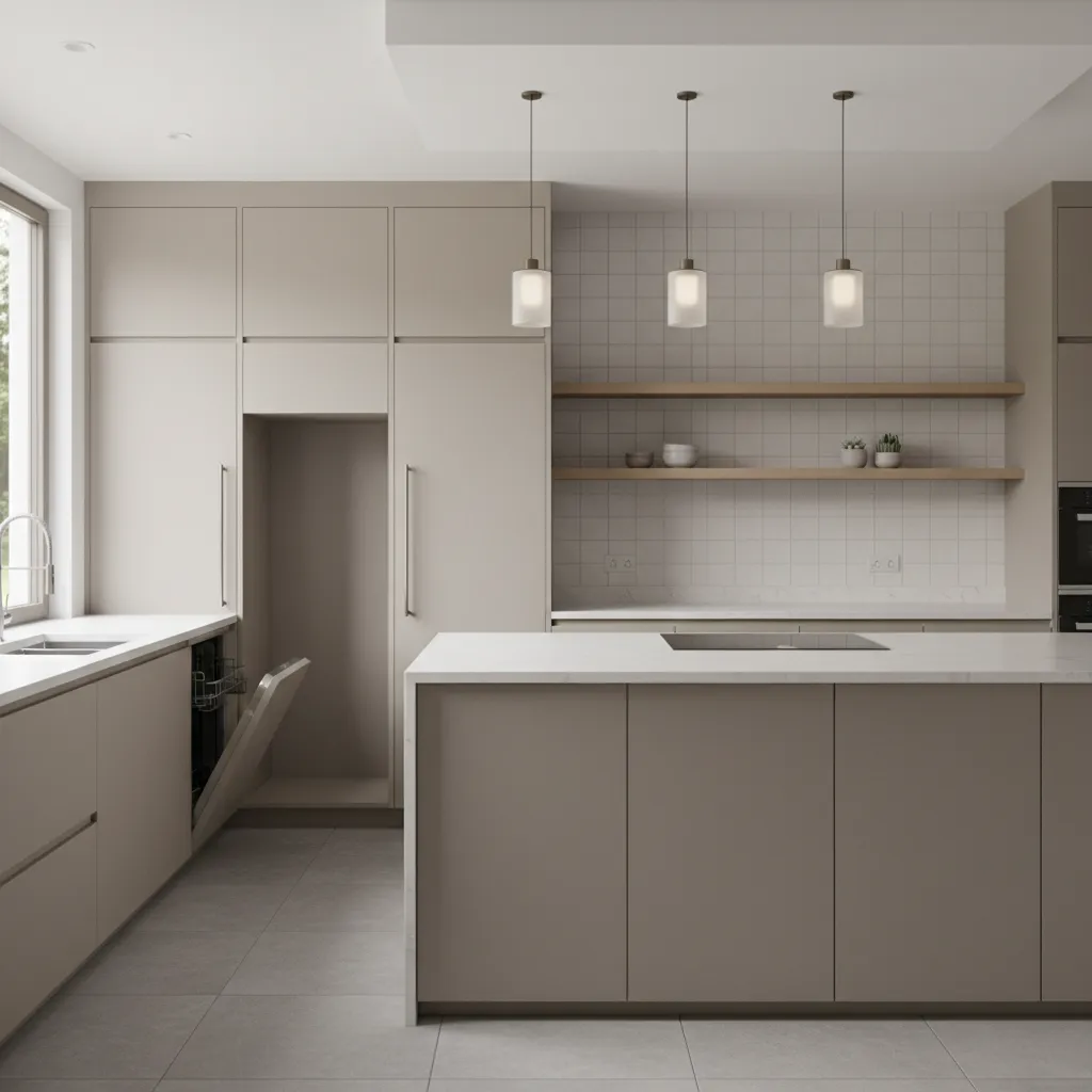 kitchen layout showing refrigerator and dishwasher spacing with cabinets