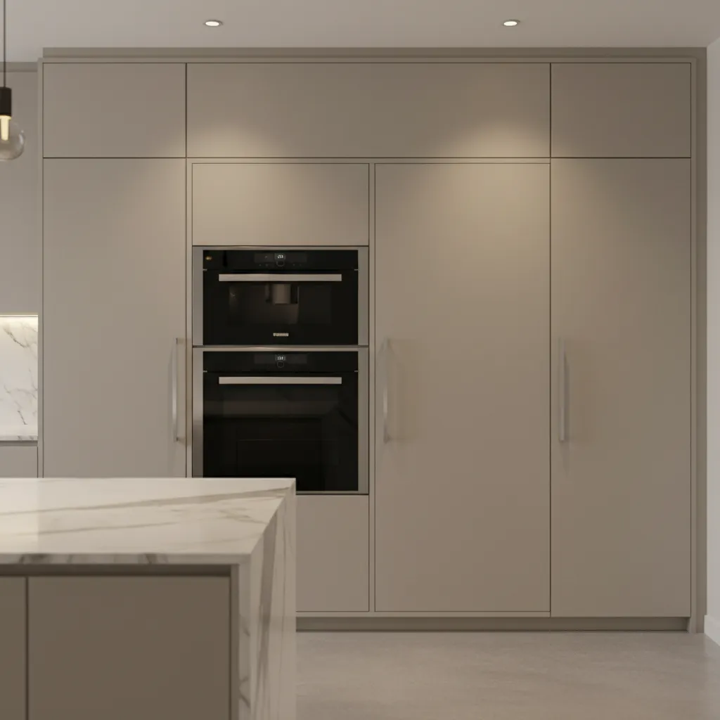 Elegant appliance wall with refrigerator oven and pantry cabinets