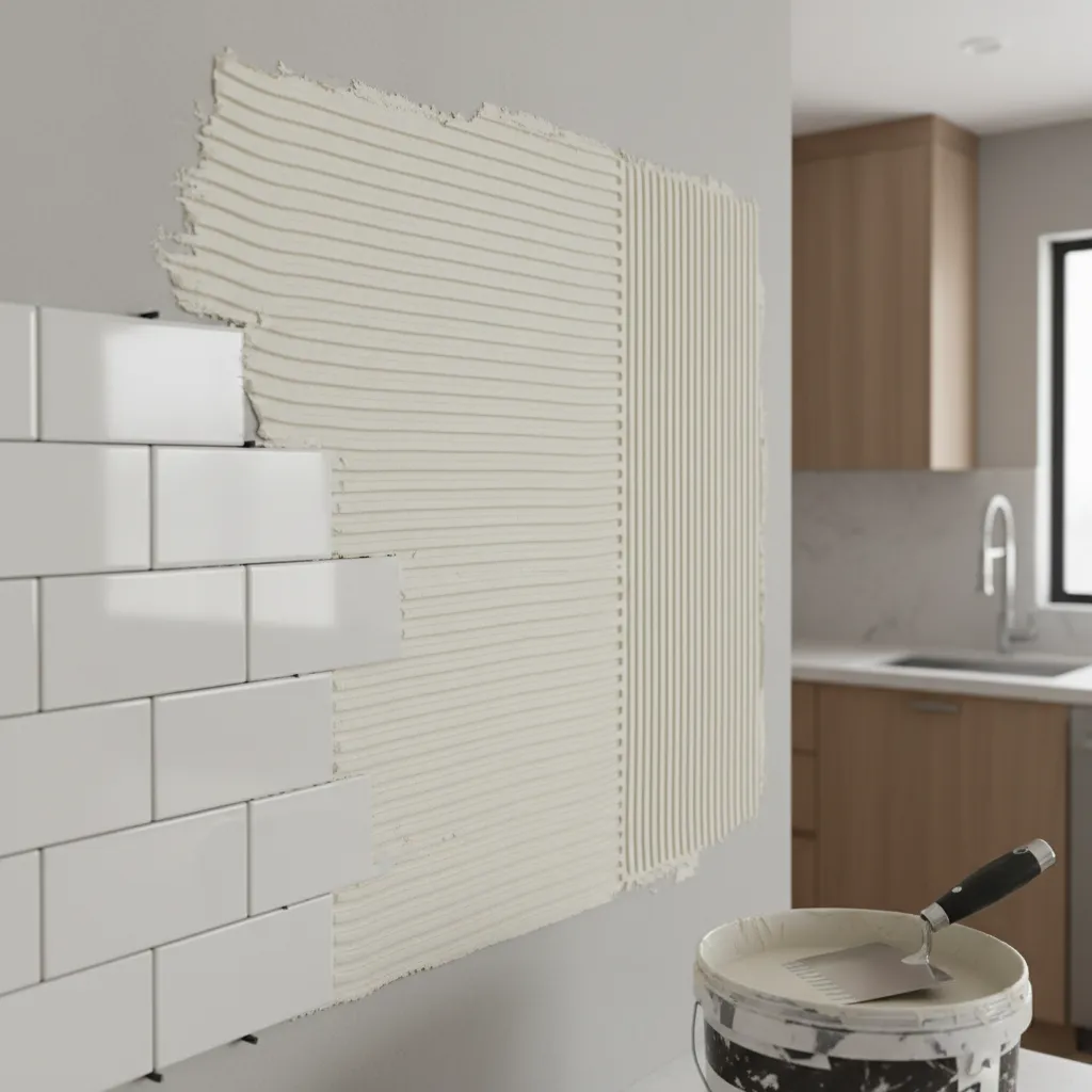 Applying tile adhesive on kitchen wall using notched trowel