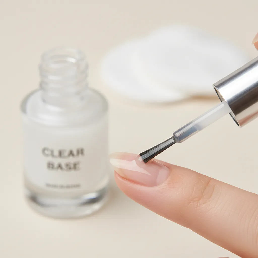 applying base coat to nails before decorative nail polish design