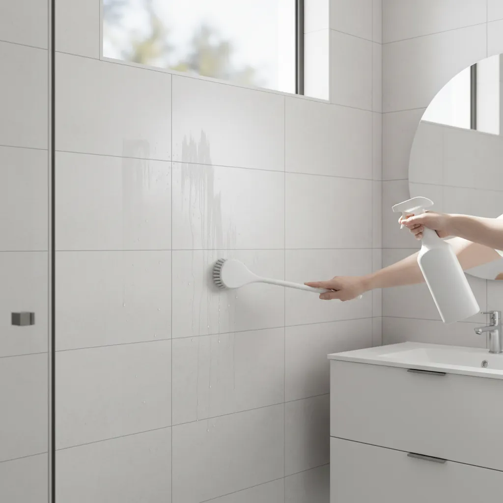 person applying bathroom tile cleaner liquid on wall tiles