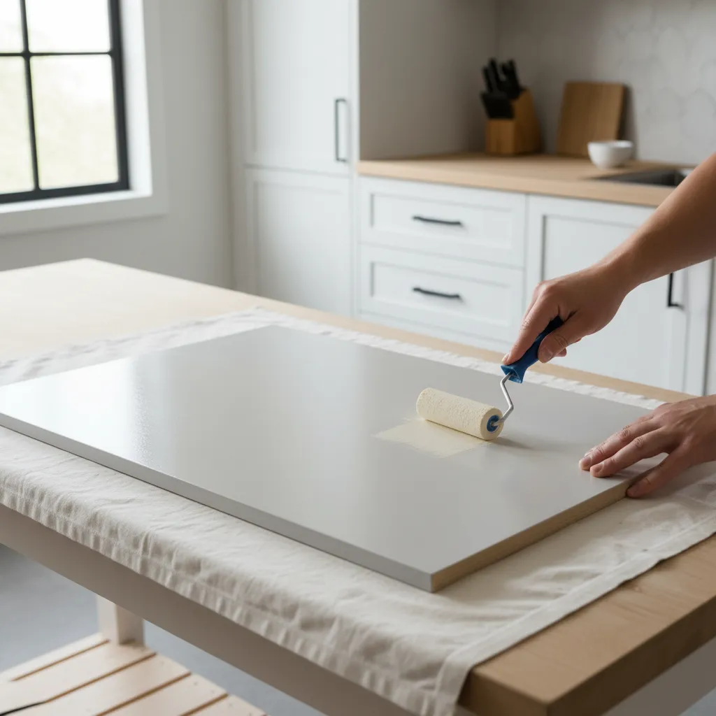 applying bonding primer to kitchen cabinet doors before repainting