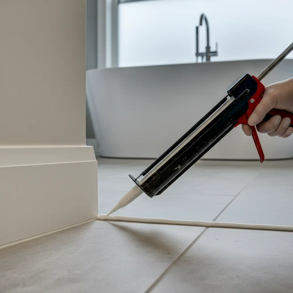 hand applying waterproof caulk between bathroom baseboard and tile floor