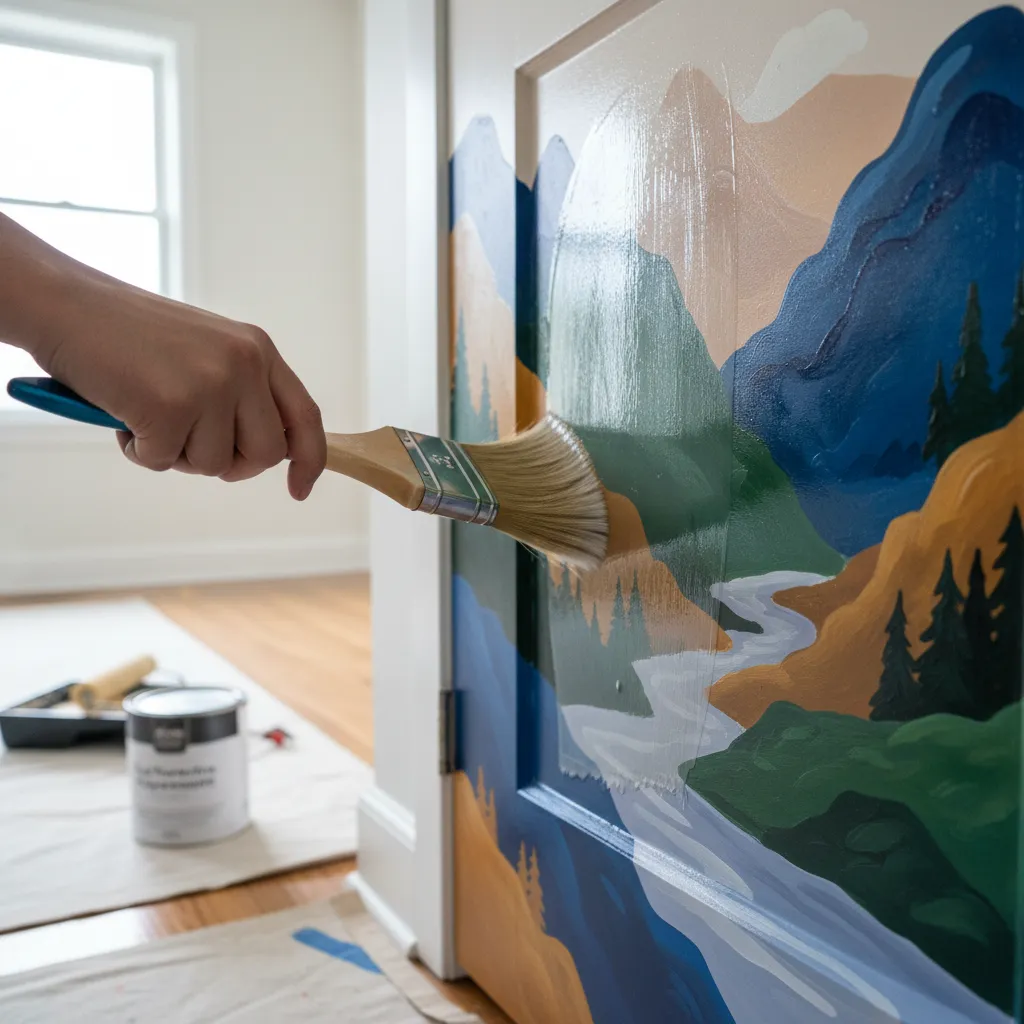 applying protective clear coat to painted bedroom door artwork