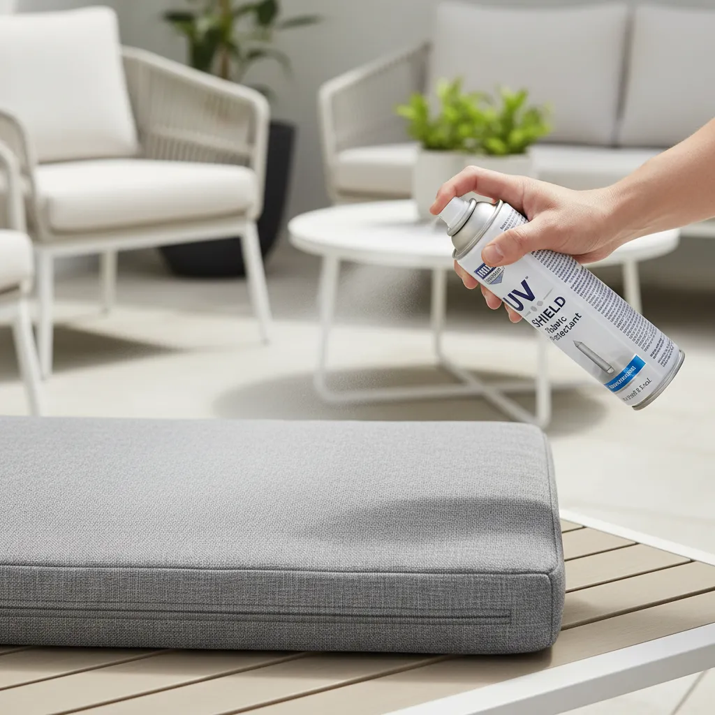 person applying UV protective spray to outdoor cushion cover