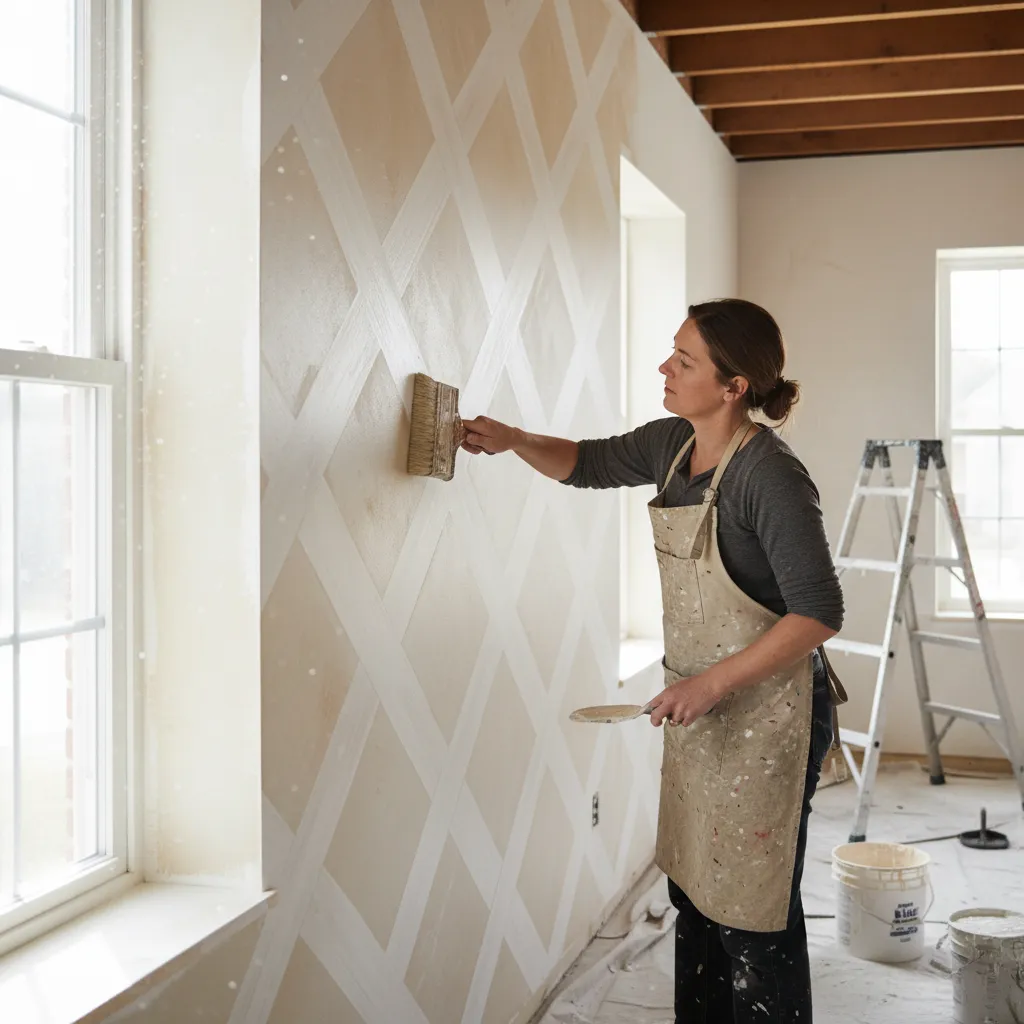 Painter applying limewash glaze using cross brush technique